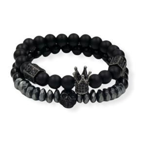 Zwarte kralen dubbele armband met kroontje