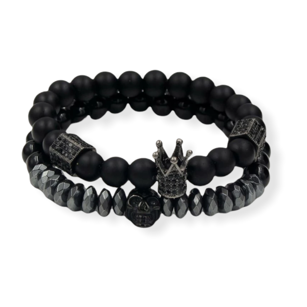 Zwarte kralen dubbele armband met kroontje