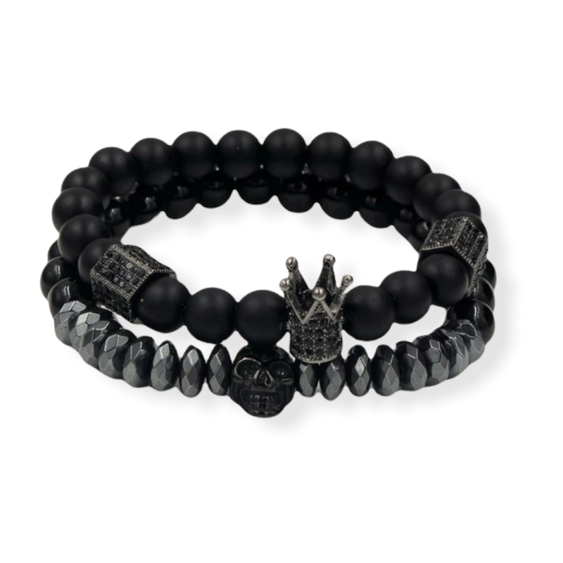 Zwarte kralen dubbele armband met kroontje