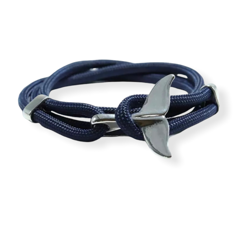Blauwe knoop armband met haaienvin sluiting zilverkleurig