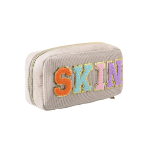 Make-up tas/toilettas SKIN camel gekleurde letters