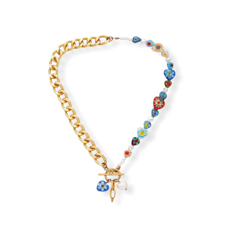 A-symmetrische gouden ketting met millefiori glas kralen