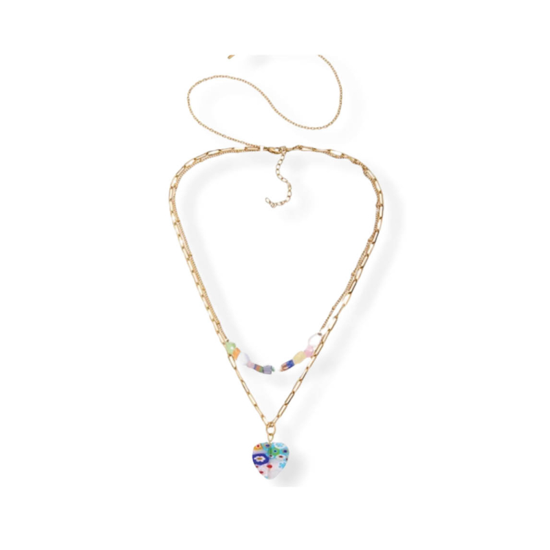 Goudkleurige ketting met millefiori hartje