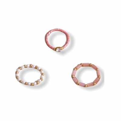 Drie x kralen ringen roze/goud