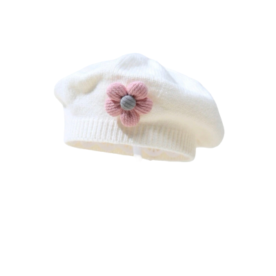 Kinder baret wit met roze bloem