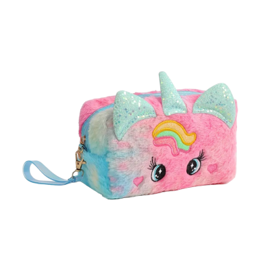 Etui / make-up tasje fluffy unicorn roze XL