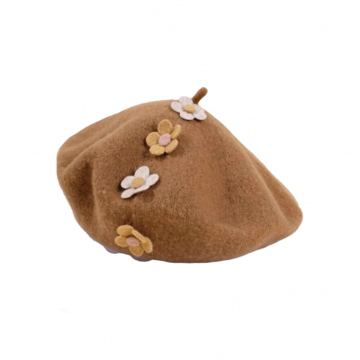 Kinder baret camel met bloemen