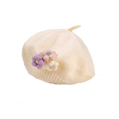 Kinder baret offwhite met paarse bloemen